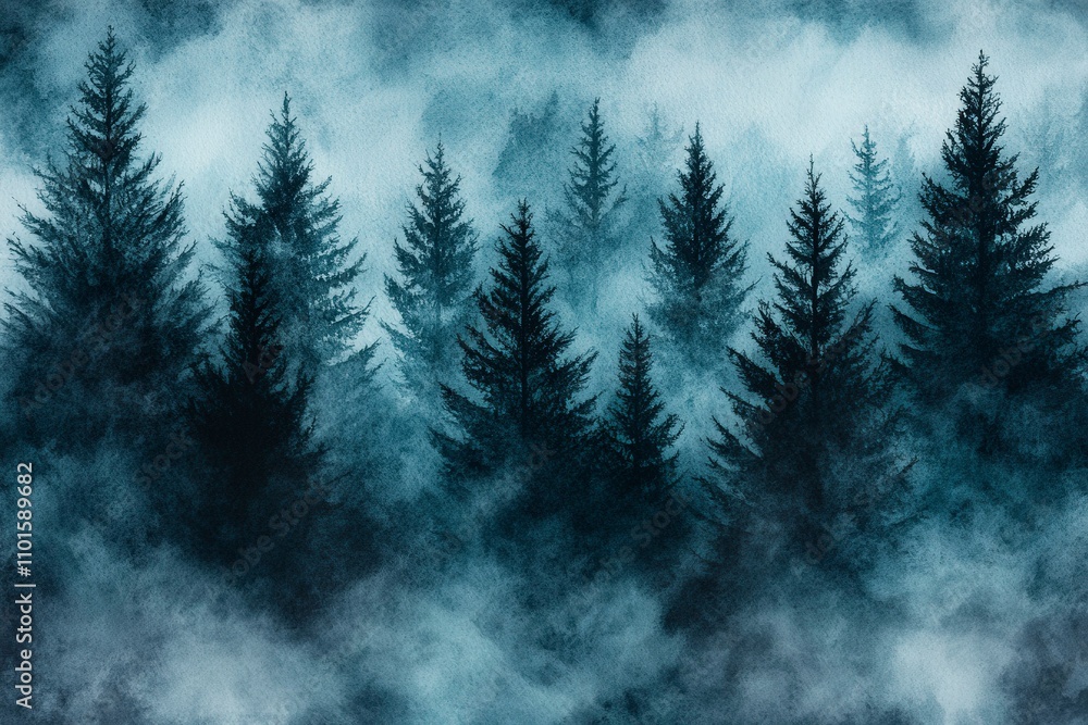 Fototapeta premium Watercolor Misty Forest Silhouette with Blue Flowing Layers