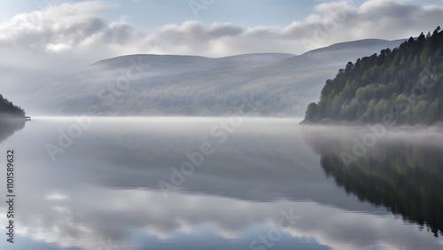The peaceful waters of loch ness scotland with mist and distant rolling hills, AI Generated