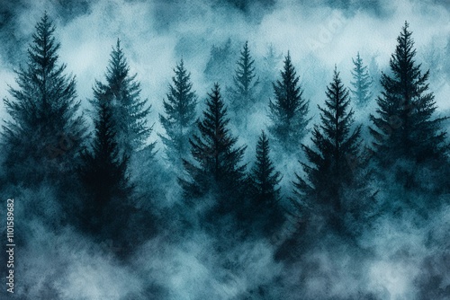 Watercolor Misty Forest Silhouette with Blue Flowing Layers