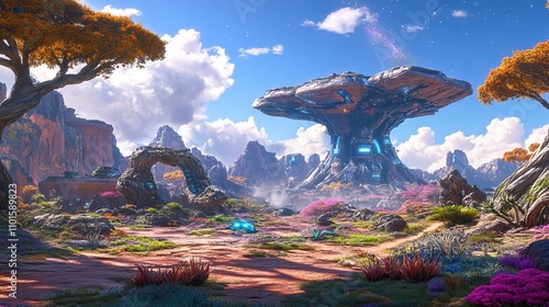 Futuristic alien landscape with giant mushroom-like structure.