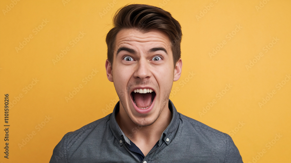 Man with Shocked Expression Against Yellow Background Man with Shocked Expression Against Yellow Background