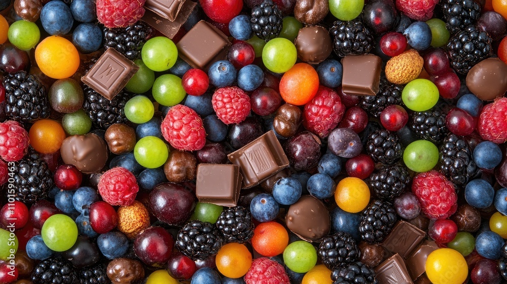 Colorful Array of Juicy Berries, Rich Chocolates, and Glimmering Candied Fruits Blended Together in a Sweet Display Colorful Array of Juicy Berries, Rich Chocolates, and Glimmering Candied Fruits Blended Together in a Sweet Display
