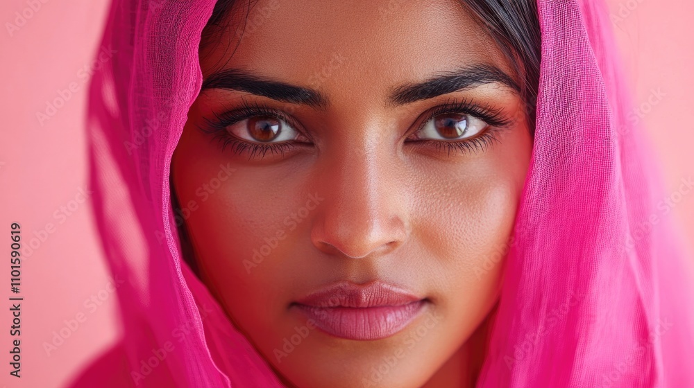 Empowering woman with a determined gaze, wearing a pink headscarf, embodying strength and resilience in a soft pink backdrop. Empowering woman with a determined gaze, wearing a pink headscarf, embodying strength and resilience in a soft pink backdrop.
