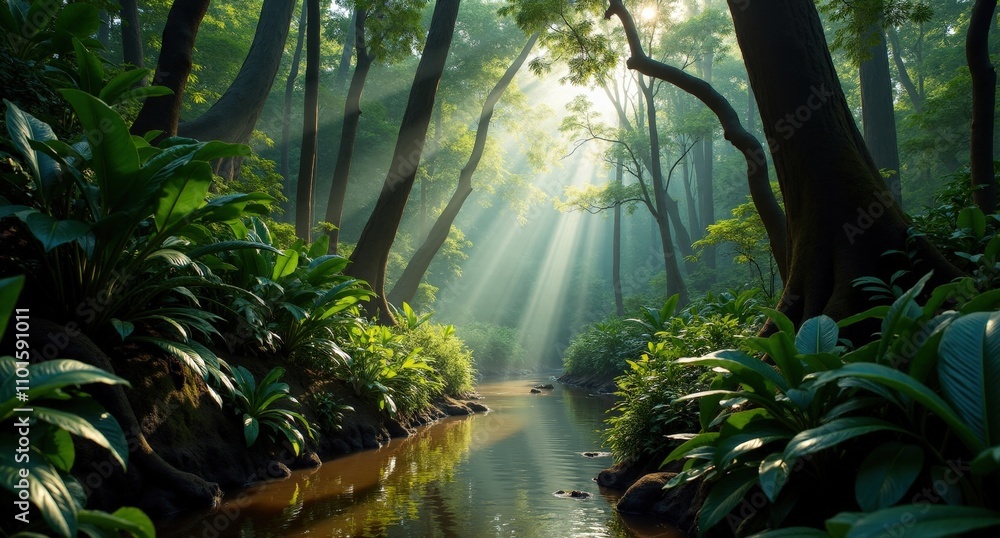 Fototapeta premium Amazon Rainforest shot from the west with Nikon D850 and Nikon AF-S 14-24mm f/2.8G ED lens, natural light, National Geographic style, showcasing the dense tropical rainforest environment.