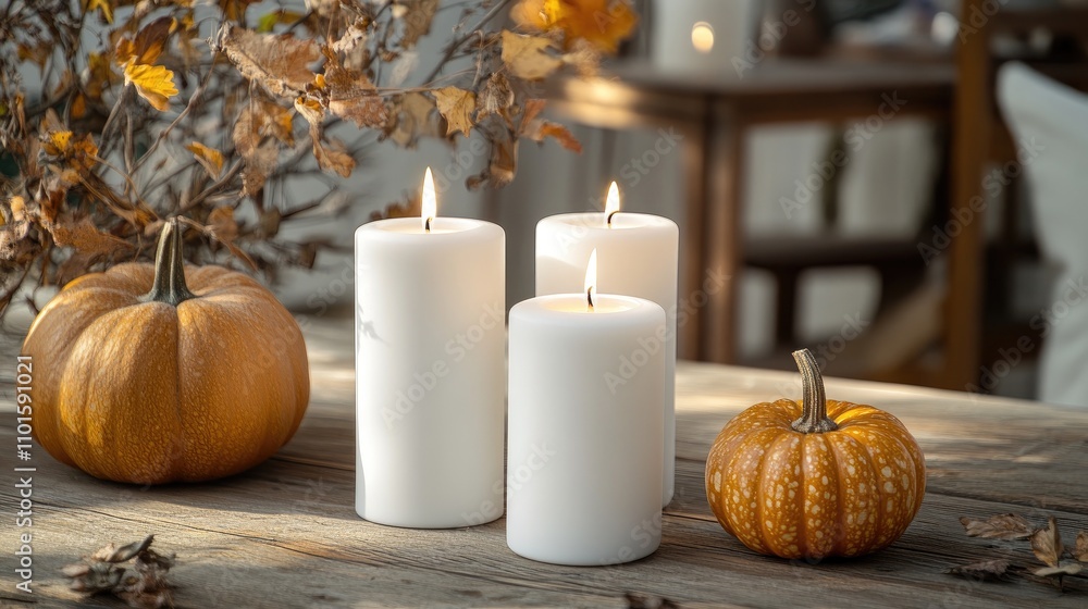 Warm autumn scene featuring white candles and decorative pumpkins, perfect for creating a cozy and inviting seasonal ambiance. Warm autumn scene featuring white candles and decorative pumpkins, perfect for creating a cozy and inviting seasonal ambiance.