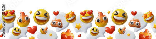 Social media 3D plastic style border design, vector cute smiley emoticons, poop and fire emoji, speech bubble and heart