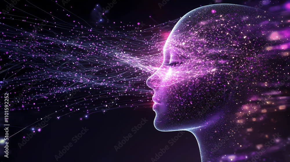 Futuristic representation of a human face with cosmic energy flow Futuristic representation of a human face with cosmic energy flow