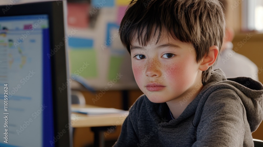 Thoughtful Young Boy Engaged in Learning at School with Computer, Capturing Concentration and Curiosity in a Bright Classroom Environment Thoughtful Young Boy Engaged in Learning at School with Computer, Capturing Concentration and Curiosity in a Bright Classroom Environment