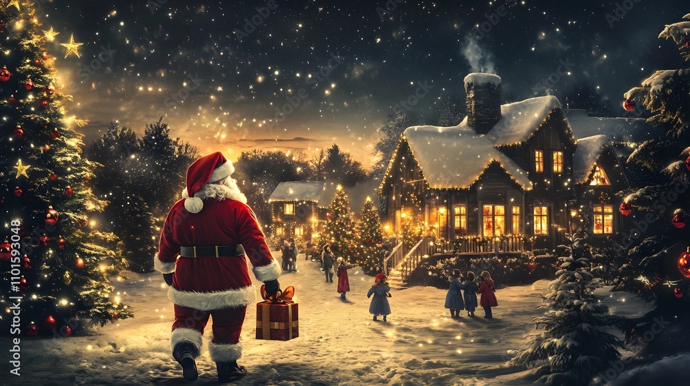Obraz premium Santa Claus Carries Gift Through Snowy Christmas Village