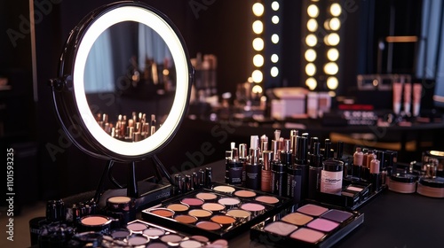 A professional makeup artist s station filled with various cosmetics, including contouring palettes, blushes, and eyeliners, with a large ring light illuminating the scene