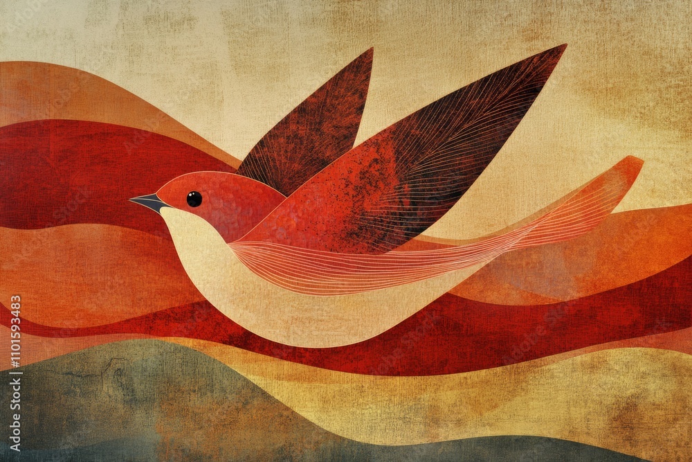 abstract bird with lines in bordeaux red color
