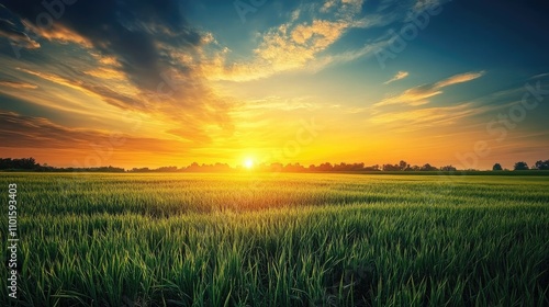 Sunrise over lush green farming fields with a vibrant sky, highlighting the utilization of solar energy in agriculture during early morning hours.