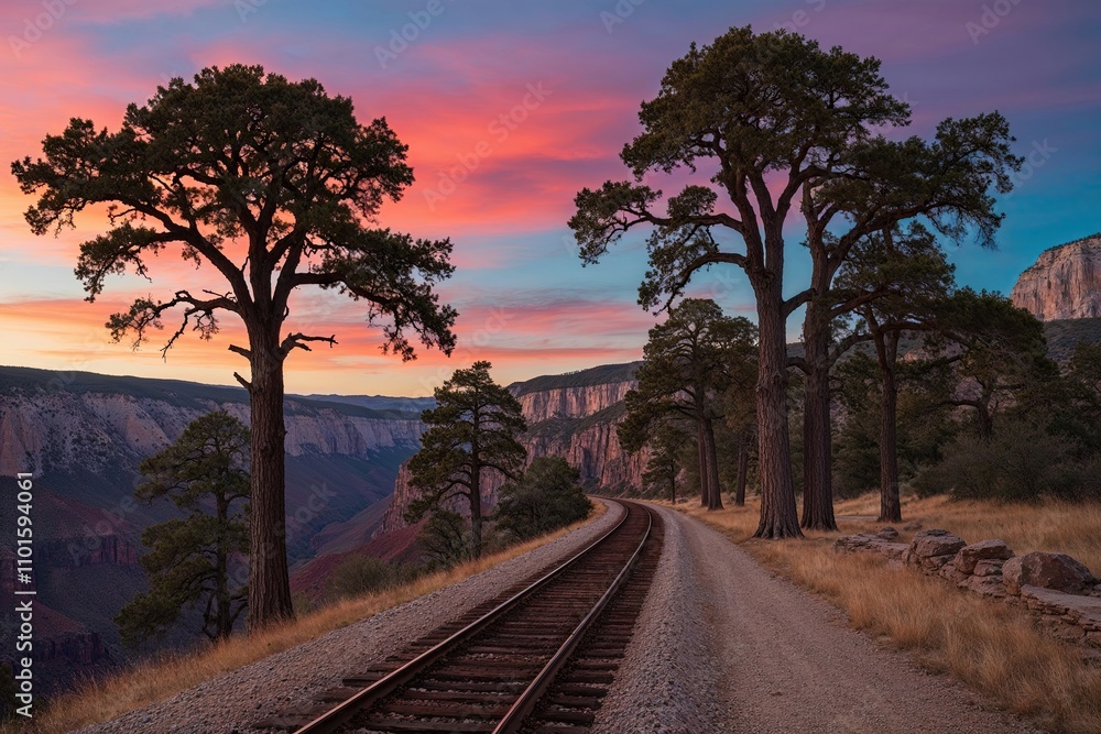 Ancient Oaks Along a Majestic Canyon Rail Line Under a Vividly Colored Sky Ancient Oaks Along a Majestic Canyon Rail Line Under a Vividly Colored Sky