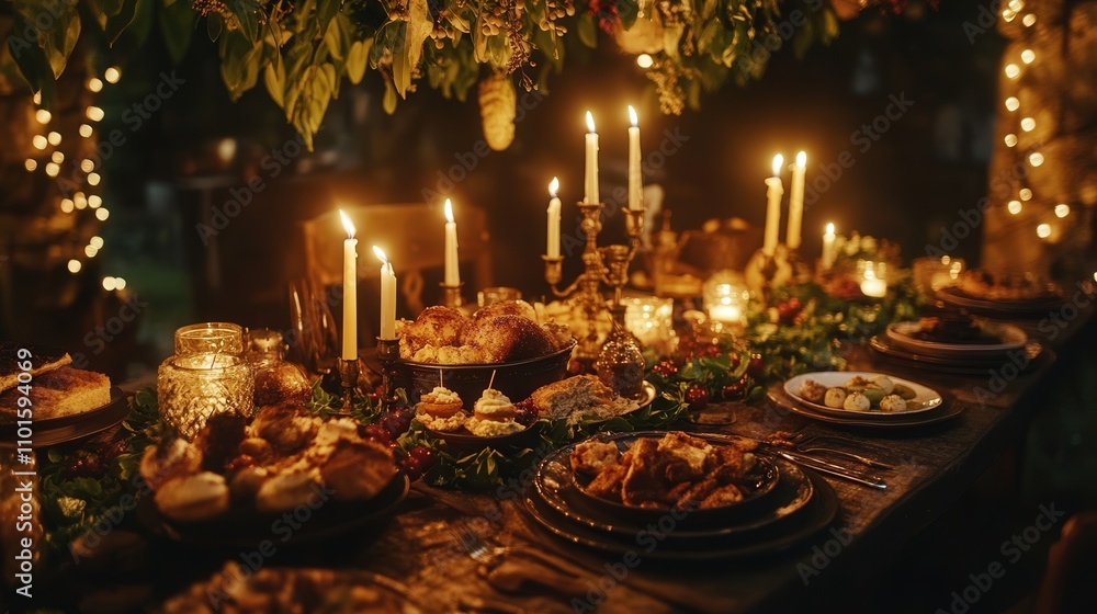 inviting dinner table, adorned with plates of freshly prepared food and desserts, surrounded inviting dinner table, adorned with plates of freshly prepared food and desserts, surrounded