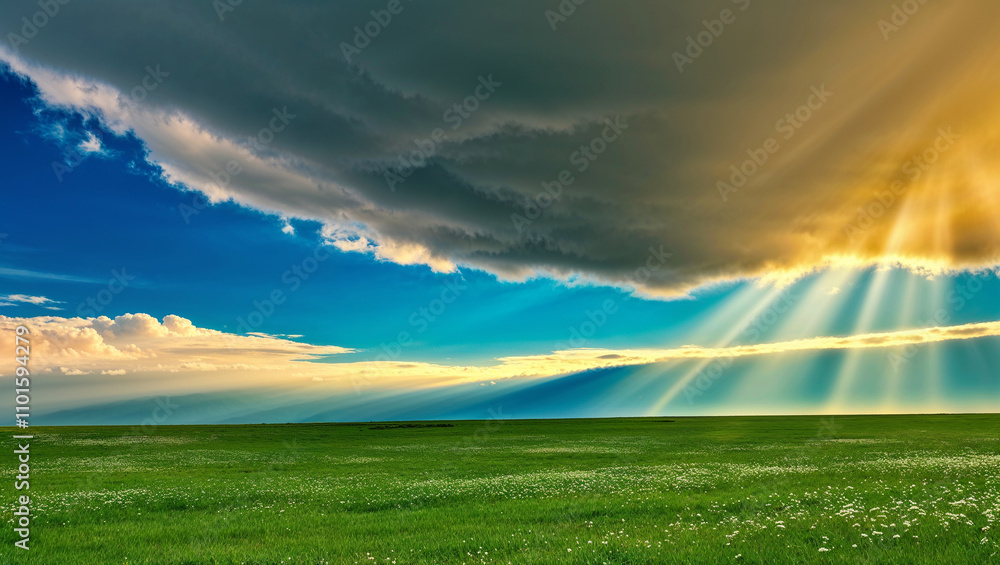 Sunlit meadow under dense cloud formations with golden rays Sunlit meadow under dense cloud formations with golden rays