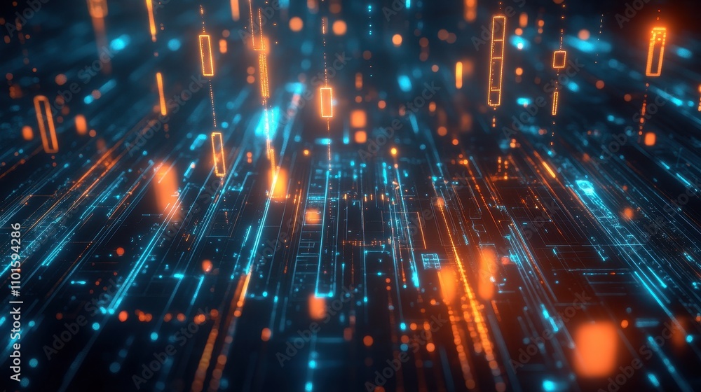 Fototapeta premium Abstract digital landscape with glowing lines and particles in blue and orange hues.