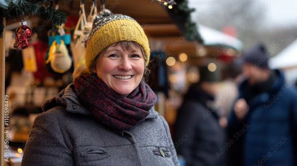 Smiling woman at festive market stall during winter celebration Smiling woman at festive market stall during winter celebration