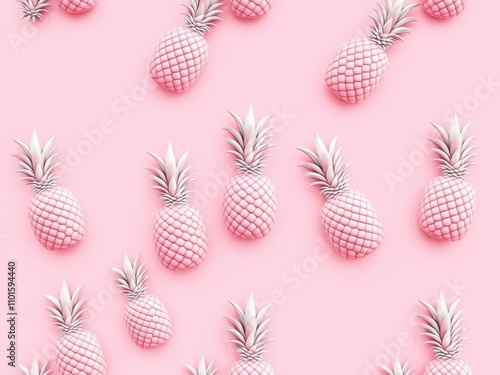 Matte pink painted pineapples seamless pattern on pink background in monochrome 3D style, isolated on white background with copy space for text, white, print, matte