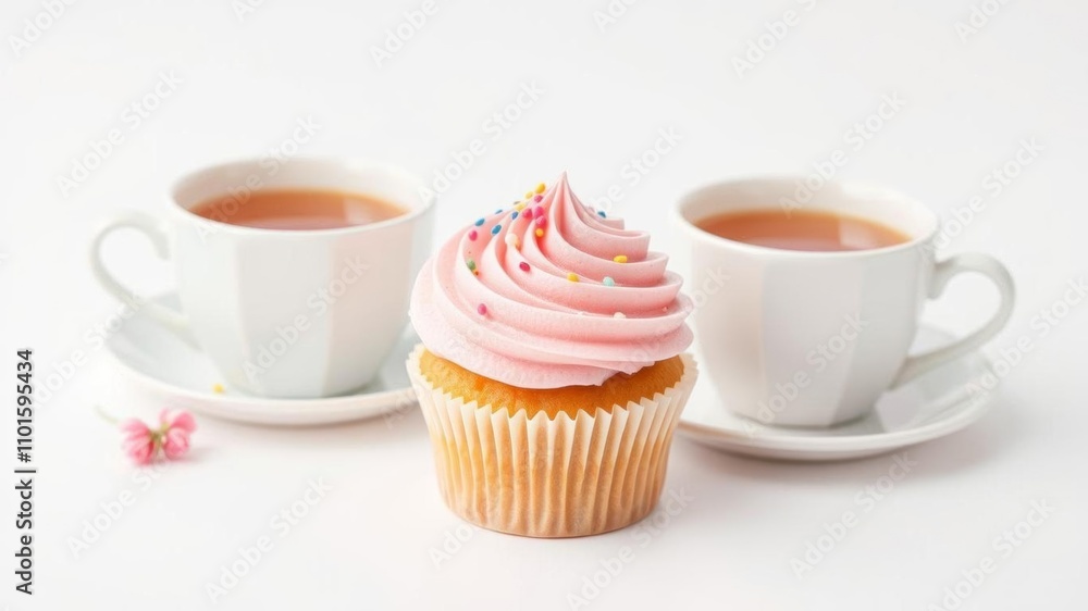 Pink cupcake with fluffy frosting, topped with sprinkles, served with two cups of tea on a light background, isolated on white, gourmet, tea, snack Pink cupcake with fluffy frosting, topped with sprinkles, served with two cups of tea on a light background, isolated on white, gourmet, tea, snack