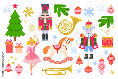 Fairytale ballet characters: Nutcracker, Mouse King, dancing ballerina in pointe shoes, rocking horse, trumpet, drum, French Horn, Christmas tree, gifts, snowflakes, Christmas tree balls, icicles.