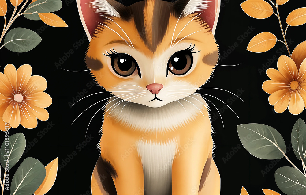 a cute, cartoon-style cat with large eyes and a white chest, surrounded by orange flowers and green leaves on a black background.