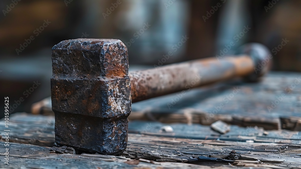 A close-up view of a weathered hammer resting on a wooden surface, showcasing its industrial texture and purpose. A close-up view of a weathered hammer resting on a wooden surface, showcasing its industrial texture and purpose.