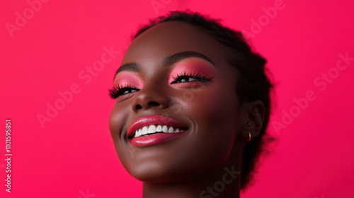 Vibrant portrait of a woman with cheerful expression and bold makeup