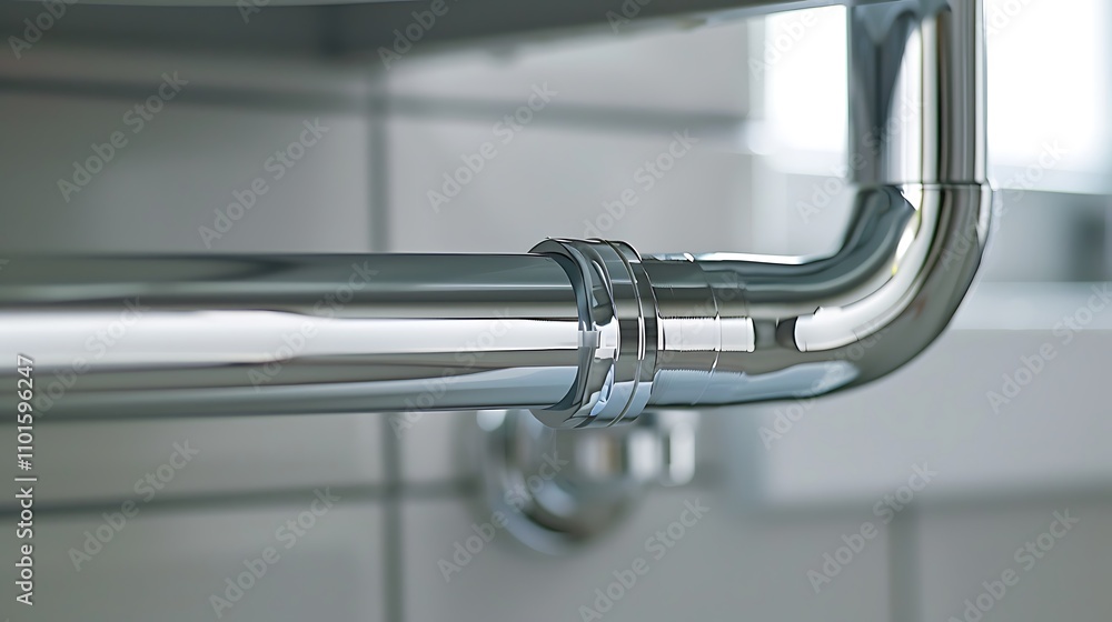 A close-up of shiny chrome plumbing pipes under a sink, showcasing modern plumbing design and functionality. A close-up of shiny chrome plumbing pipes under a sink, showcasing modern plumbing design and functionality.
