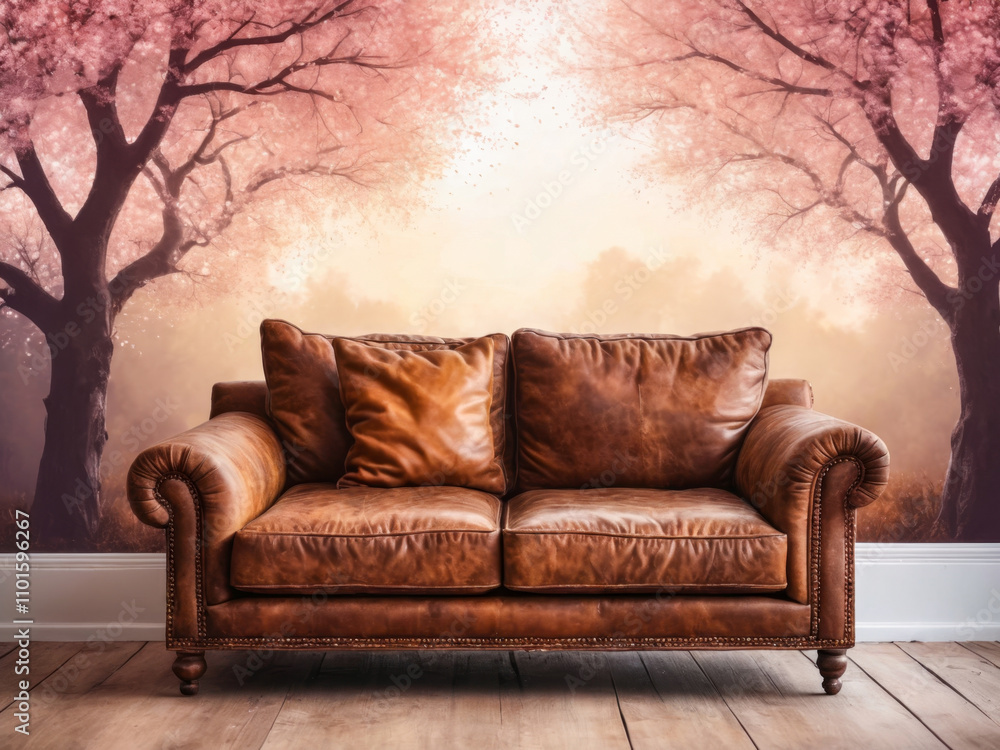 Fototapeta premium Brown Leather Sofa in Front of Pink Blossom Tree Wallpaper