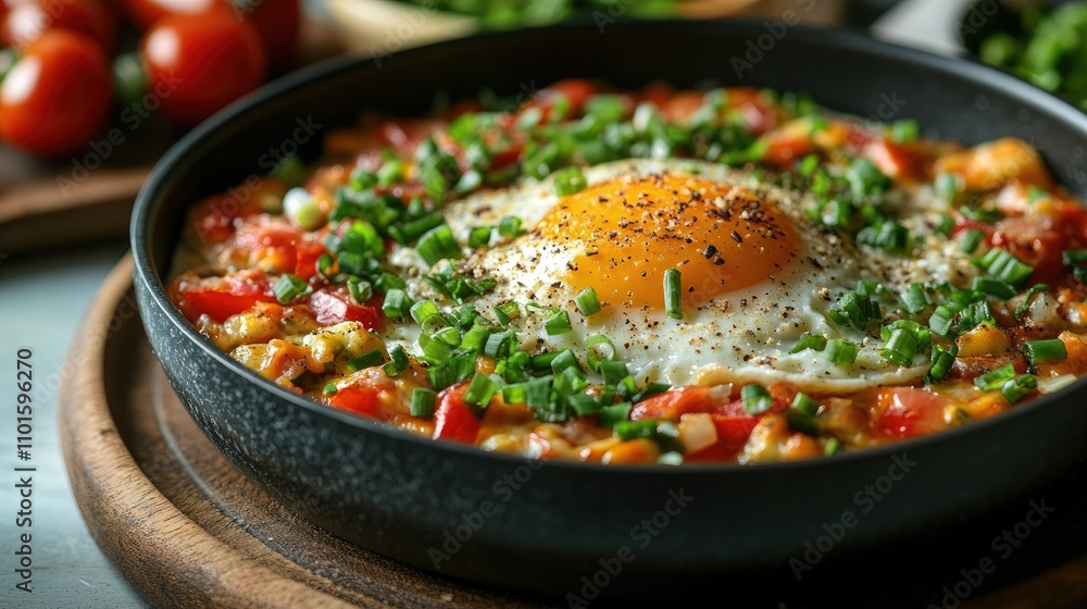Delicious fried egg in a skillet with peppers, tomatoes, and onions, garnished with fresh chives. Delicious fried egg in a skillet with peppers, tomatoes, and onions, garnished with fresh chives.