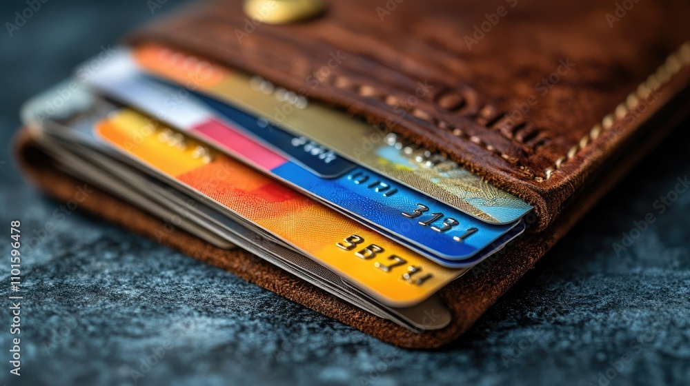Close-up of credit cards in a brown leather wallet. Close-up of credit cards in a brown leather wallet.