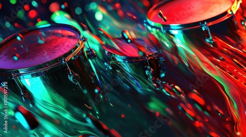 Neon drumheads dissolve into red and green waves with glowing artistic motion photo