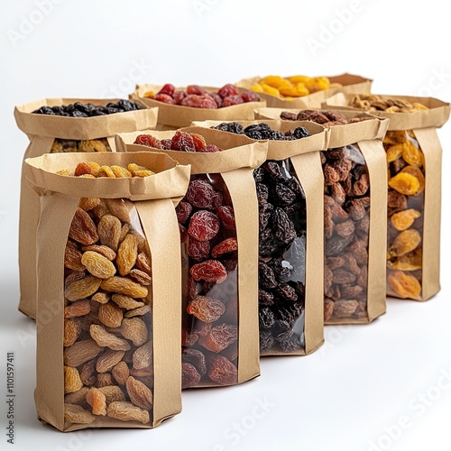 Variety of dried fruits and nuts displayed in eco-friendly packaging, ideal for healthy snacking and storage. photo