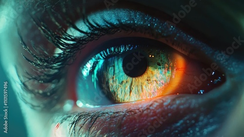 Close-up of an eye reflecting vibrant auroras in mesmerizing colors, highlighting intricate details of the iris and eyelashes.