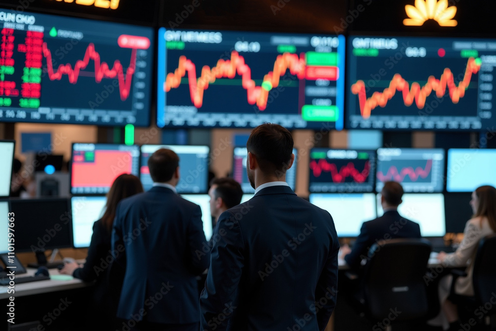 Traders and investors watching stock prices at trading floor in stock exchange. Trader background. Traders and investors watching stock prices at trading floor in stock exchange. Trader background.