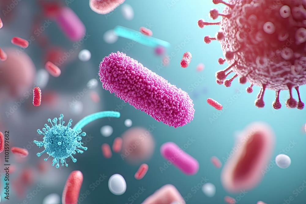 A vibrant depiction of various microorganisms, including bacteria and viruses, showcasing their diverse shapes and colors in a microscopic world. A vibrant depiction of various microorganisms, including bacteria and viruses, showcasing their diverse shapes and colors in a microscopic world.