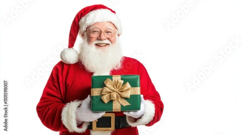 Santa holding a charming red and green gift box tied with a festive gold bow, isolated on a white backdrop