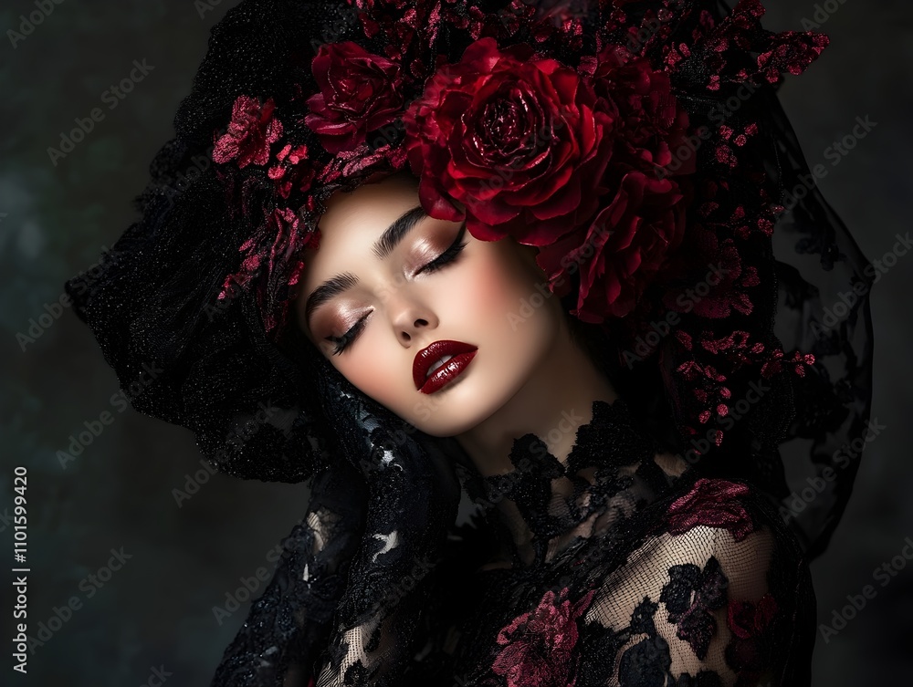 Captivating Close Up Portrait of a Glamorous Gothic Beauty in Floral Headdress Captivating Close Up Portrait of a Glamorous Gothic Beauty in Floral Headdress
