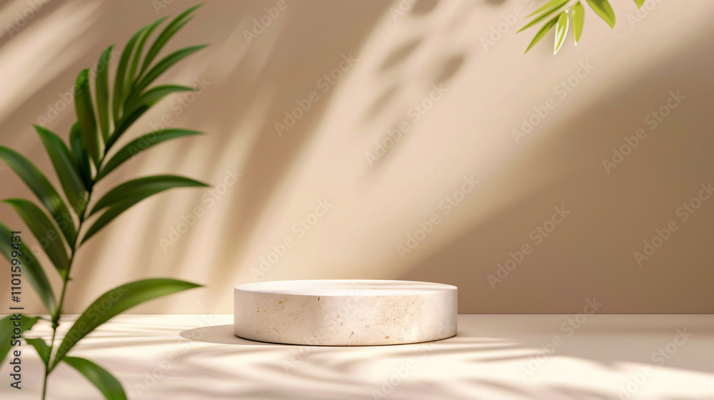 3D background product display podium scene with leaf geometric platform. Beige background 3D background product display podium scene with leaf geometric platform. Beige background