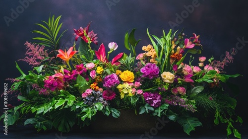 Wallpaper Mural Colorful floral display featuring an assortment of blooming flowers, lush foliage, and a harmonious blend of textures and colors against a dark background. Torontodigital.ca