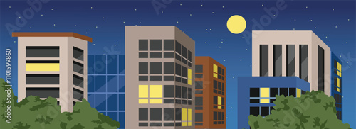 Night apartment view. Night building. Disco city. City landscape at night. Apartment at night. Building architecture. Night skyscraper.