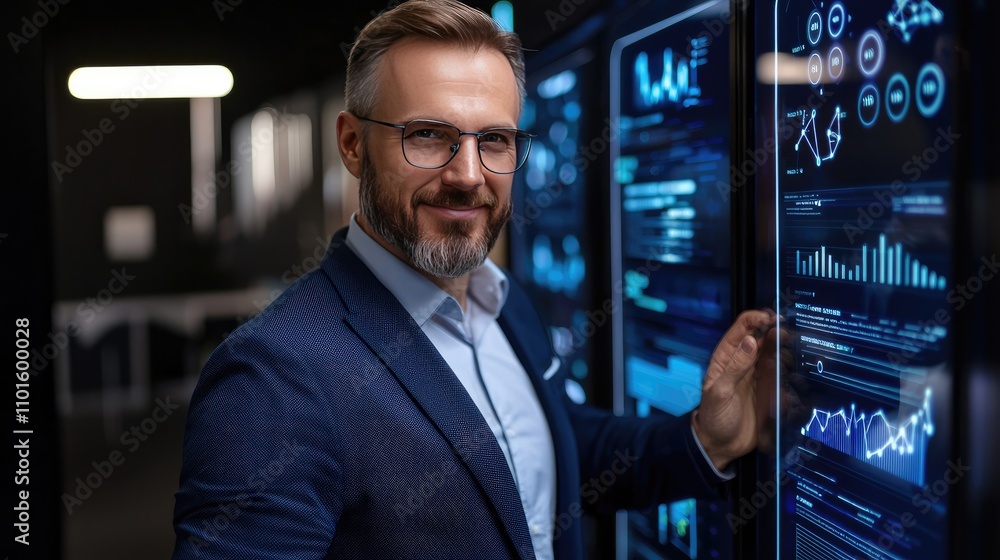 A professional man interacts with digital displays, showcasing data analytics and technological insights in a modern setting. A professional man interacts with digital displays, showcasing data analytics and technological insights in a modern setting.