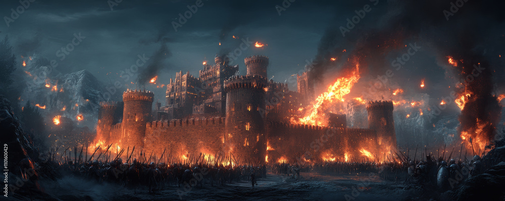 dramatic scene of castle under siege, engulfed in flames and smoke, with soldiers gathered outside. atmosphere is tense and chaotic, showcasing fierce battle
