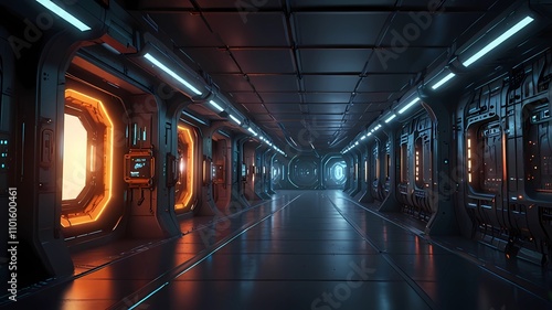 Fototapeta Naklejka Na Ścianę i Meble -  Tunnel sci-fi spaceship corridor. Futuristic technology abstract for tech titles and background. graphic network, big data, data center, server, internet, speed. 3D render