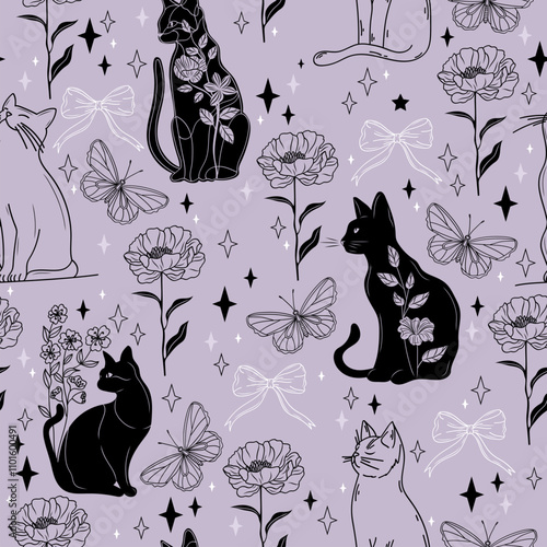 Pastel Purple Modern Tattoo Style Seamless Pattern with Black Cats, Butterflies, Flowers, and Bows. Vector background
