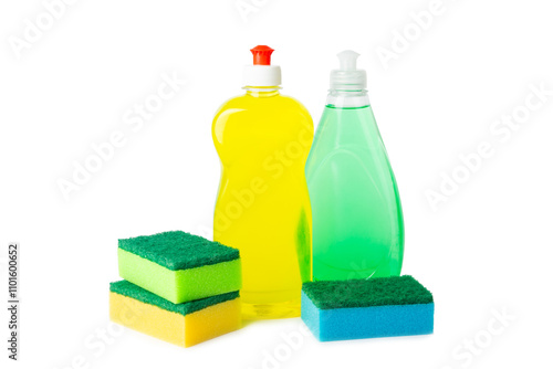 Colorful dish sponges isolated on white background. Kitchen sponge. Cleaning concept, cleaning service. Dishwashing liquid with clean and dirty dishes plate. Place for text, copy space.Wash the dishes