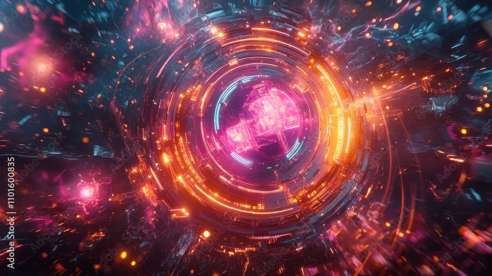 Fototapeta premium Wallpaper of glowing holographic emblems with distant starry nebula clouds