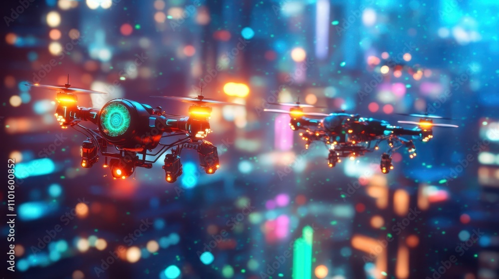 Floating glowing drones with neon energy waves over a futuristic city backdrop Floating glowing drones with neon energy waves over a futuristic city backdrop