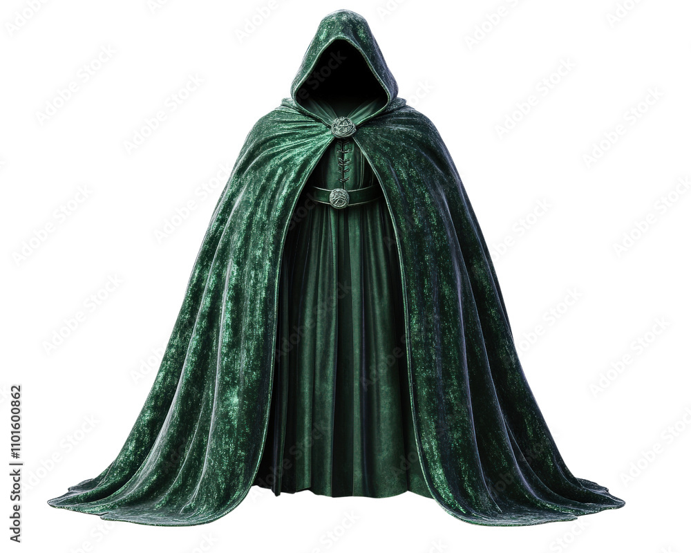 mysterious figure in long, flowing green cloak with hood, exuding aura of enchantment and intrigue. cloak features intricate details and regal appearance, perfect for fantasy setting mysterious figure in long, flowing green cloak with hood, exuding aura of enchantment and intrigue. cloak features intricate details and regal appearance, perfect for fantasy setting