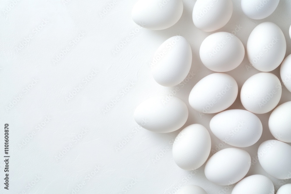 White eggs from an organic farm are neatly arranged in a top view layout, highlighting their smooth surface and appealing simplicity. This arrangement emphasizes the natural quality of the eggs White eggs from an organic farm are neatly arranged in a top view layout, highlighting their smooth surface and appealing simplicity. This arrangement emphasizes the natural quality of the eggs